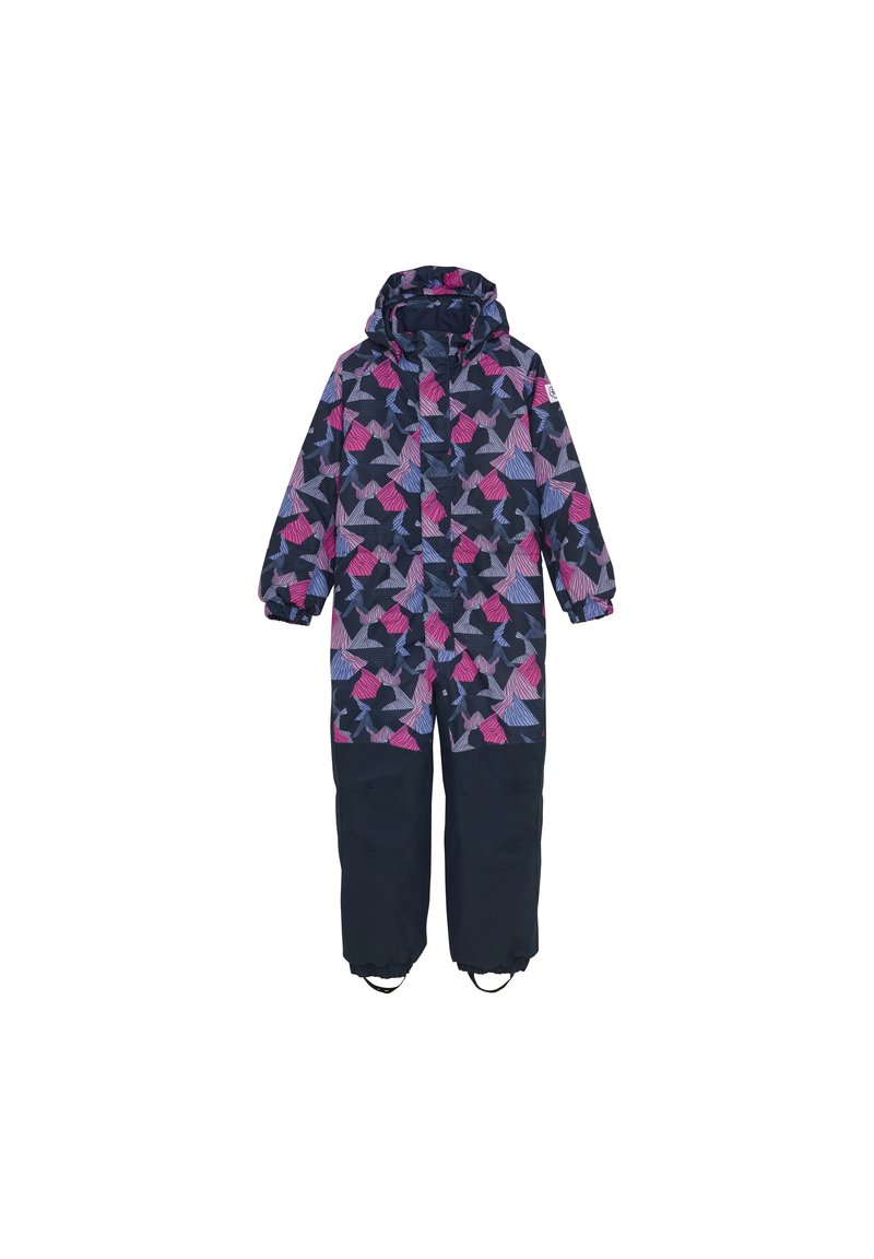 Barnens snoverall med ett flerfärgat geometriskt mönster i nyanser av rosa och lila på en marinblå botten; inkluderar huva och elastiska ärmslut.