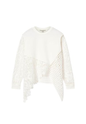 Haut blanc à manches longues avec panneaux asymétriques en dentelle et en mesh, poignets côtelés et encolure ras-du-cou.