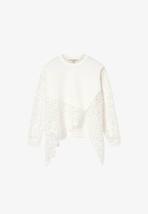 Wit top met lange mouwen, asymmetrische kant- en meshpanelen, geribbelde manchetten en een ronde hals.