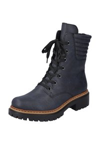 Bottines en cuir bleu marine à lacets, avec un dessus texturé, un col rembourré et une semelle en caoutchouc dotée d'une rainure profonde pour l'adhérence. Accents cousus visibles.