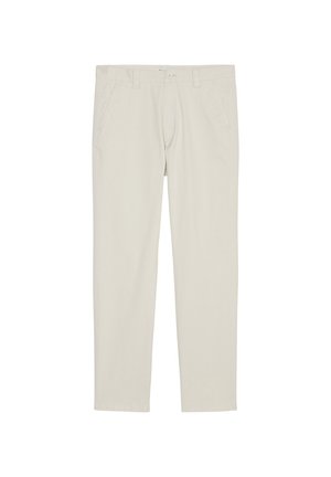 Beige cotton trousers with a smooth texture, straight leg design, and side pockets. Button and zipper closure at the waist.