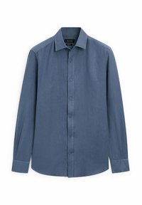 Långärmad, kragblus i mörkblå bomull, med knappstängning och en slät yta. Skräddarsydd passform med manschetter.