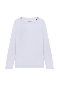 Light purple long-sleeve shirt made of soft cotton. Features a round neck and straight hem. Simple, solid color without patterns or accents.