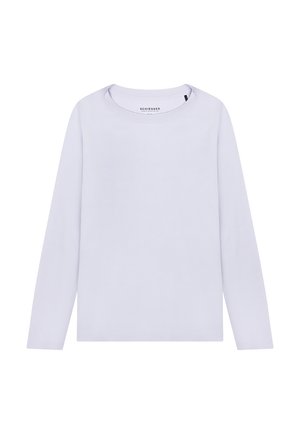 Light purple long-sleeve shirt made of soft cotton. Features a round neck and straight hem. Simple, solid color without patterns or accents.