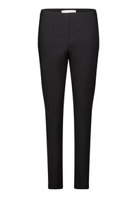 Czarne spodnie o dopasowanym kroju. Wykonane z gładkiego materiału, z średnim stanem i delikatnymi liniami z przodu.
