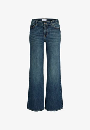 Blaue Jeans mit hoher Taille und weitem Bein, vorne mit Knopf- und Reißverschluss sowie vorderen und hinteren Taschen.