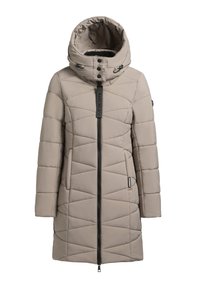 Beige vadderad jacka med hög krage, geometrisk quiltad design, dragkedja fram och två sidofickor. Har logotypdetaljer och tryckknappar.