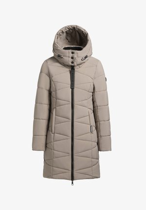 Beige-padded coat with a high collar, geometric quilted design, front zipper, and two side pockets. Features logo accents and snap buttons.