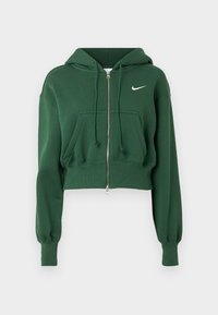Zelená krátka mikina na zips z bavlnenej zmesi, s klokankovým vreckom, sťahovacími šnúrkami a bielym logom Nike na hrudi.