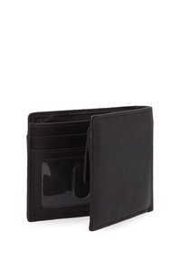 Braunes Lederportemonnaie mit einem Bifold-Design, mehreren Kartenfächern und einem transparenten ID-Fach. Glatte Textur mit genähten Kanten.