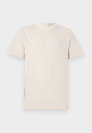 Lys beige t-skjorte med korte ermer og et teksturert mønster av overlappende sirkler. Mykt stoff med rund hals og vanlig passform.