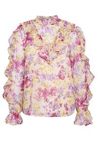 Blouse florale transparente avec des fleurs roses, violettes et jaunes, manches longues à volants, col montant et détails à volants sur le devant et aux poignets.