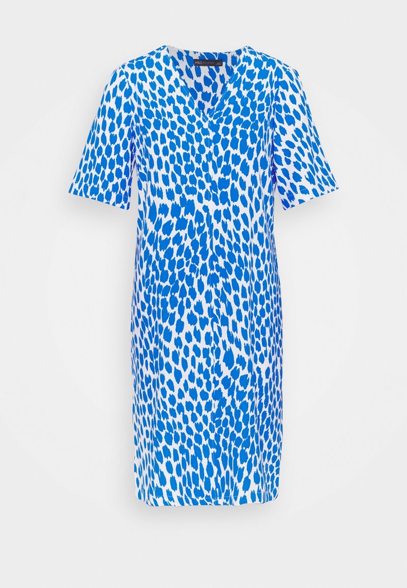 Robe à manches courtes présentant un motif léopard bleu et blanc, un col en V, une fermeture à boutons sur le devant, et une longueur mi-cuisse.