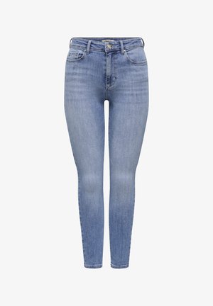 Gaiši zili, augsta vidukļa pieguļoši džinsi ar piecām kabatām un pogas aizdari, attēloti uz baltas pēcpamatnes.