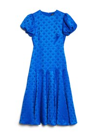 Μπλε μίντι φόρεμα με φουσκωτά κοντά μανίκια, εφαρμοστή μέση, διακριτό μοτίβο λουλουδιών σε ζακάρ και φαρδιά φορέματα.