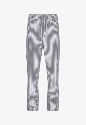 Striped gray and white pants with an elastic waistband and drawstring, featuring a loose fit and straight leg design. Soft fabric texture.