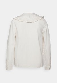 Camicia bianca a maniche lunghe con colletto arricciato, polsini con bottoni e una superficie liscia, caratterizzata da un design semplice e classico.