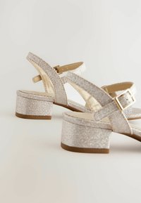 Sandalias de tacón bloque plateadas y brillantes con correas ajustables en los tobillos y superficies texturizadas. Cuentan con un forro interior suave y una suela resistente.