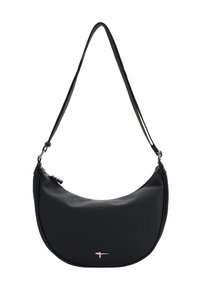 Must käekott, millel on sile, matt viimistlus, kumer kuju ja üks reguleeritav rihm. Omab minimalistlikku roosakaskuldses toonis logot.