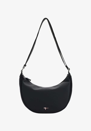 Melna plecu soma ar gludu, matētu virsmu, noapaļotu formu un vienu regulējamu siksnu. Aprīkota ar minimālistisku metāliski rozā logotipu.