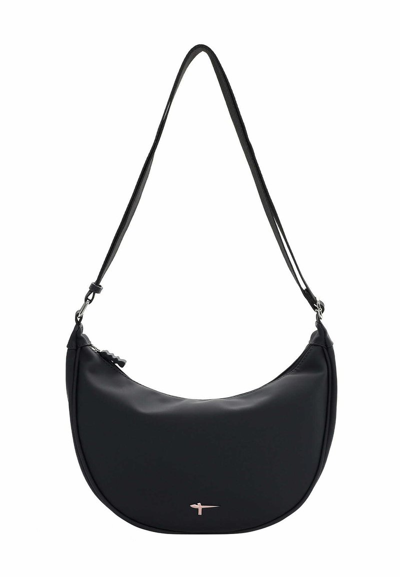 Must käekott, millel on sile, matt viimistlus, kumer kuju ja üks reguleeritav rihm. Omab minimalistlikku roosakaskuldses toonis logot.