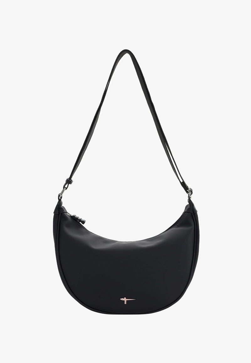 Must käekott, millel on sile, matt viimistlus, kumer kuju ja üks reguleeritav rihm. Omab minimalistlikku roosakaskuldses toonis logot.