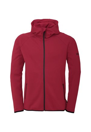 Red zip-up jacket with a hood, made from smooth material, features black zipper and pocket accents, and raglan sleeves for a fitted look.