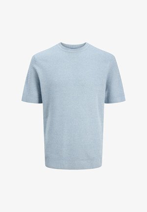 Lyseblå kortærmet striktrøje med ribbet rund halsudskæring, ærmekanter og kant, med et struktureret vævet mønster.