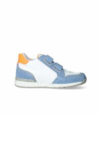 Sneaker blu e bianco con tomaia sintetica, fasce in velcro, suola bianca maculata e accentuazione arancione sul tallone. Punta arrotondata e interno imbottito.