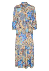 Maxi-kjole med lange ærmer og knaplukning foran, dekoreret med blå, beige og rust farvede paisley- og geometriske mønstre samt en taljebånd.