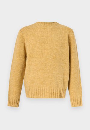 Mustard yellow knit sweater with long sleeves, crew neck, and ribbed cuffs and hem, displayed on a plain white background.