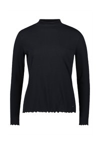 Schwarzes, langärmeliges Rollkragenshirt mit gerippter Textur und gewelltem Saum. Verfügt über ein figurbetontes Design und ein weiches, dehnbares Material.