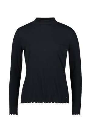 Sort, langærmet turtleneck top med ribbet tekstur og bølget kant. Har et tætsiddende design og blødt, strækbart materiale.