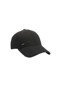 Czarna czapka bejsbolowa z zakrzywionym daszkiem, wykonana z teksturowanej tkaniny, z małym niebieskim logo z przodu. Regulowany pasek z tyłu.