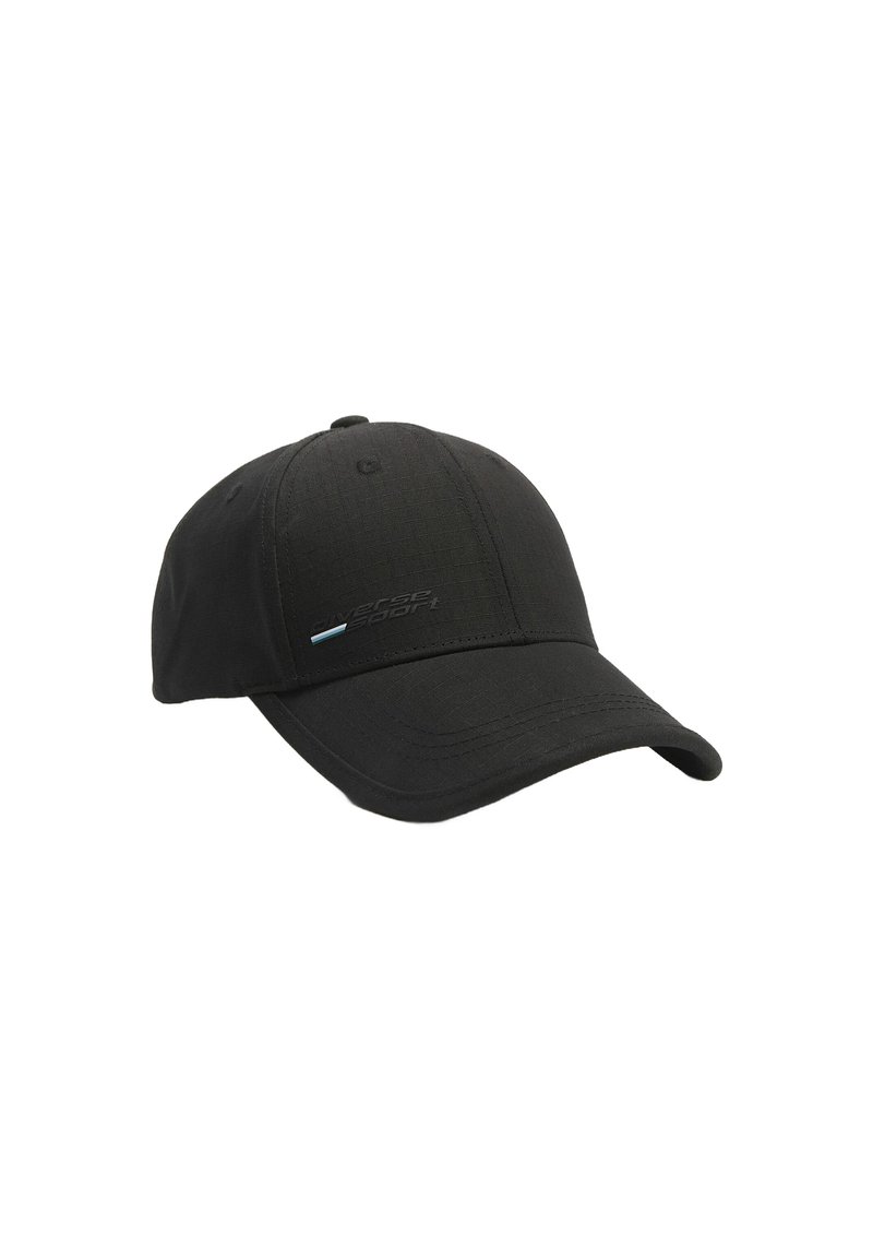 Czarna czapka bejsbolowa z zakrzywionym daszkiem, wykonana z teksturowanej tkaniny, z małym niebieskim logo z przodu. Regulowany pasek z tyłu.