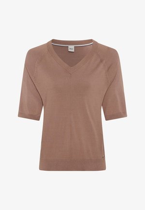 Haut tricot à manches courtes brun avec un col en V, des bords côtelés aux manches et à l'ourlet. Présente une texture subtile et un accent logo sur le côté.