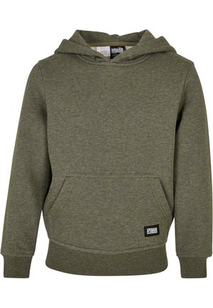 Oliwkowa bluza z kapturem typu pulower, z przednią kieszenią kangurka, ściągaczami na mankietach i na dole oraz małą metką "Urban Classics" na kieszeni.