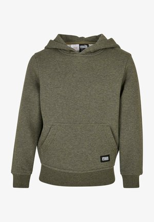 Olivengrøn pullover-hoodie med forlommekanguru, ribstrikkede ærmeafslutninger og kant samt lille "Urban Classics" mærkat på lommen.