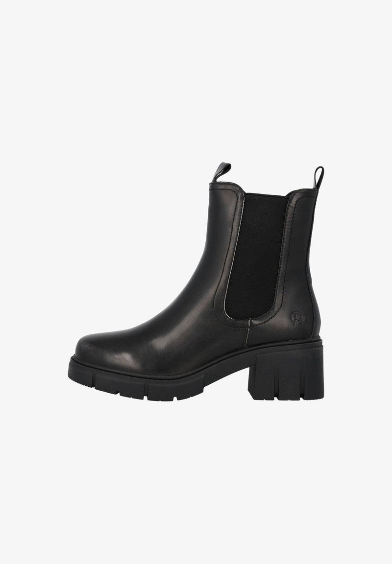 Botte Chelsea en cuir noir avec talon épais, panneaux latéraux élastiques et languettes sur le col de la cheville.