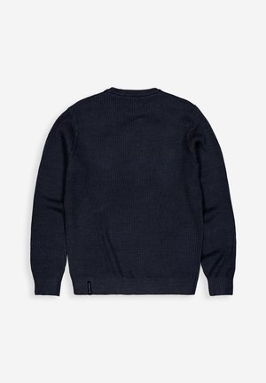 Navyblauwe gebreide trui met een gestructureerd patroon, lange mouwen, ronde hals en een klein label in de linkerbenedenhoek. Achteraanzicht weergegeven.