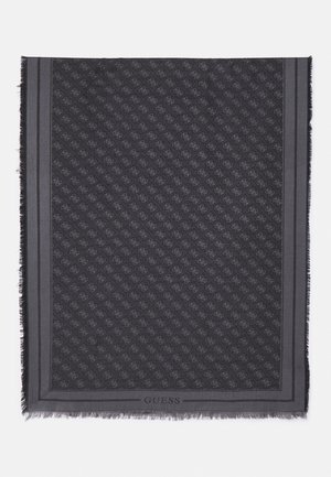 Mørkegråt tørklæde med subtilt gentaget logo-mønster, indrammet af dobbelte kanter, og teksten "GUESS" nederst i midten.