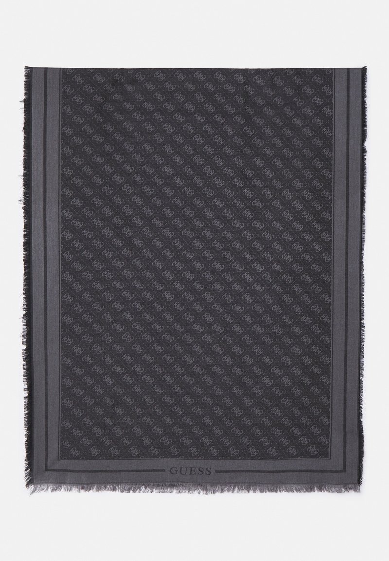 Écharpe gris foncé avec un motif de logo répétitif subtil, encadrée par des doubles bordures, et le texte "GUESS" au centre du bord inférieur.