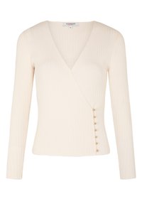 Top de manga larga acanalado en crema con escote en V y botones laterales en fila. La tela tiene un acabado suave y texturizado. Marca: Morgan. Talla S.