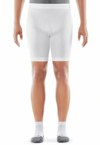 Pantaloni aderenti bianchi in materiale elastico, con una texture liscia e un elastico in vita. Abbinati a calze bianche alla caviglia con dettagli grigi.