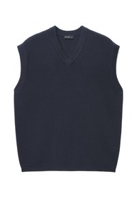 Marineblauer ärmelloser Pullover mit V-Ausschnitt und gerippten Kanten. Glatte Textur, minimalistisches Design, ohne sichtbare Muster oder Akzente.