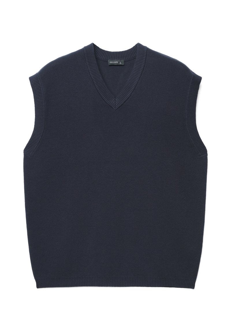 Marineblauer ärmelloser Pullover mit V-Ausschnitt und gerippten Kanten. Glatte Textur, minimalistisches Design, ohne sichtbare Muster oder Akzente.