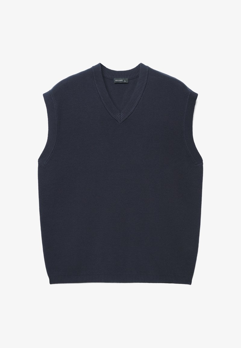 Marineblauer ärmelloser Pullover mit V-Ausschnitt und gerippten Kanten. Glatte Textur, minimalistisches Design, ohne sichtbare Muster oder Akzente.