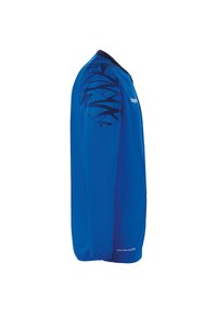 Veste de sport bleu avec fermeture éclair à l'avant, épaules à motif noir contrastant, manches longues et finition en tissu respirant.