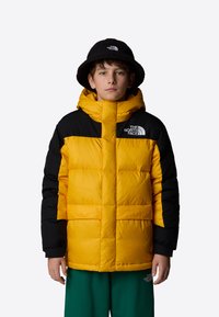 Giacca a vento gialla e nera con colletto alto e cappuccio. Presenta due tasche frontali e un logo sul petto sinistro. Indossata con pantaloni verdi.