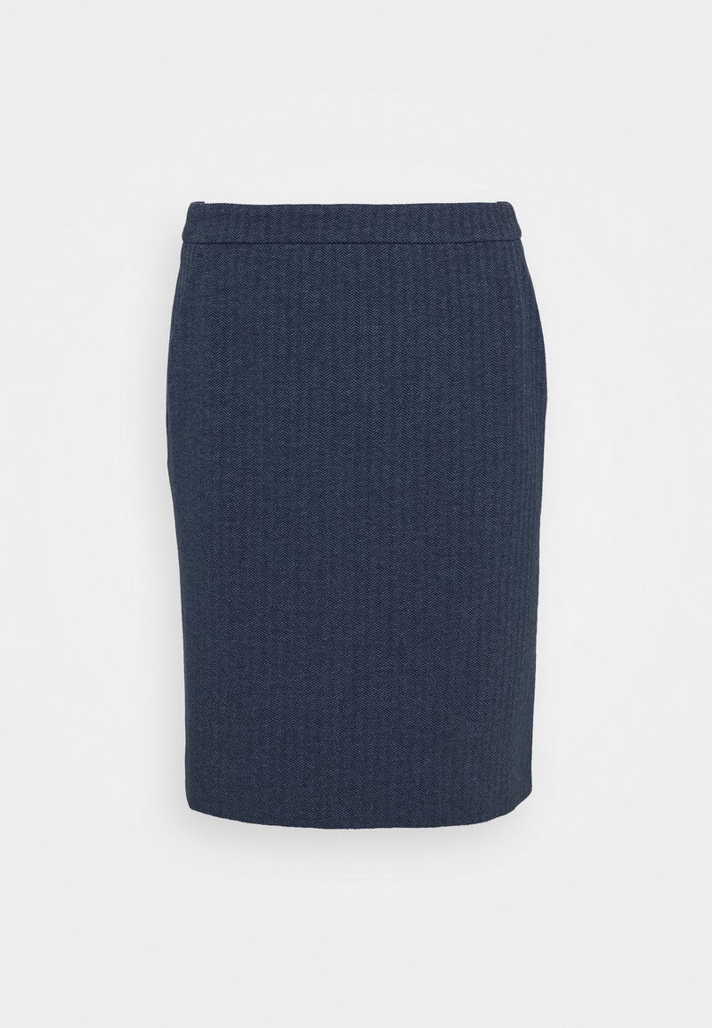 Jupe crayon bleu marine longueur genou avec un motif chevrons subtil et une taille ajustée sur fond uni.